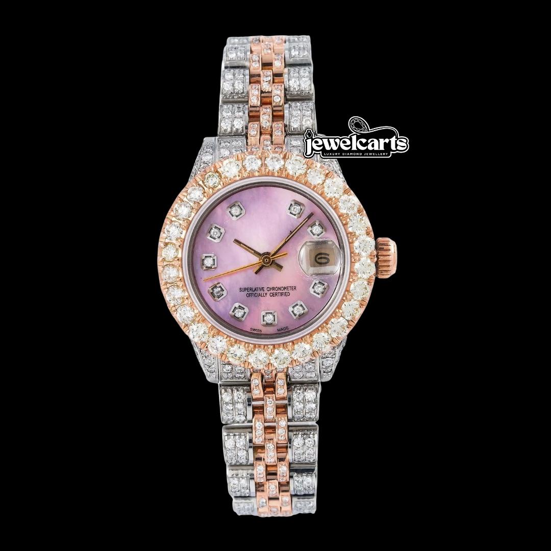 Rolex Datejust Pink Pearl Diamond Dial Two Tone Rose Gold Full Iced Out Jubilee Bracelet Moissanite Watch Front View