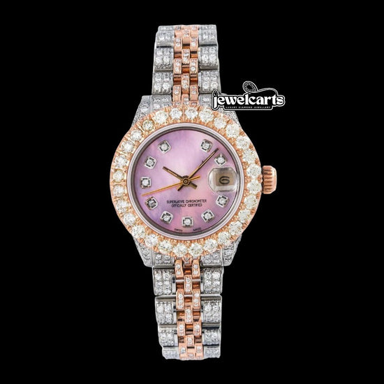 Rolex Datejust Pink Pearl Diamond Dial Two Tone Rose Gold Full Iced Out Jubilee Bracelet Moissanite Watch Front View