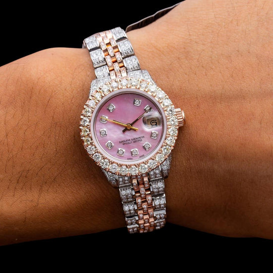 Rolex Datejust Pink Pearl Diamond Dial Two Tone Rose Gold Full Iced Out Jubilee Bracelet Moissanite Watch On Wrist View