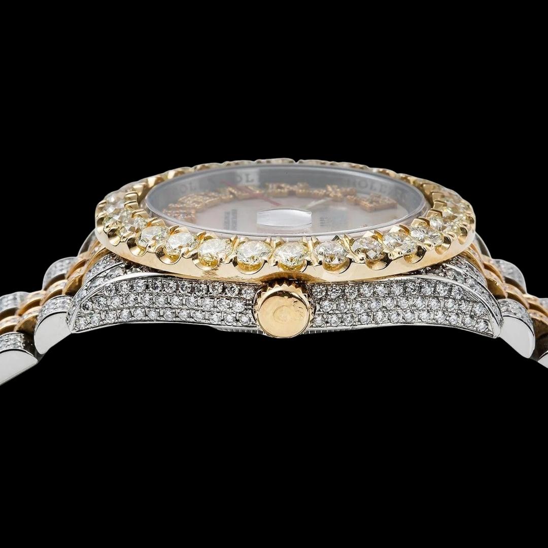 Rolex Datejust Pink Pearl Roman Dial Two Tone Yellow Gold Jubilee Bracelet Iced Out Moissanite Watch Crown View