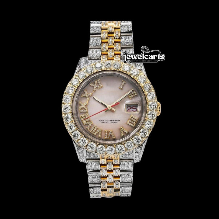 Rolex Datejust Pink Pearl Roman Dial Two Tone Yellow Gold Jubilee Bracelet Iced Out Moissanite Watch Front View