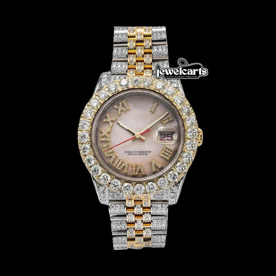 Rolex Datejust Pink Pearl Roman Dial Two Tone Yellow Gold Jubilee Bracelet Iced Out Moissanite Watch Front View