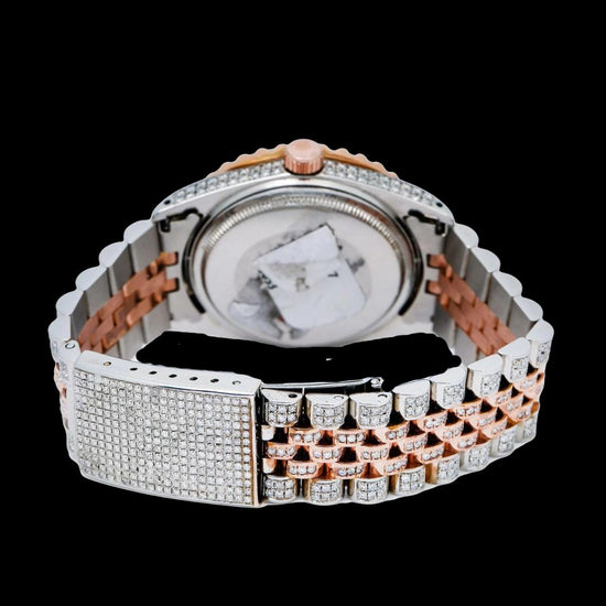 Rolex Datejust Pink Roman Diamond Dial Two Tone Iced Out Jubilee Bracelet Rose Gold Moissanite Watch Caseback View