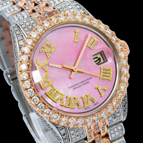 Rolex Datejust Pink Roman Diamond Dial Two Tone Iced Out Jubilee Bracelet Rose Gold Moissanite Watch Close Up Dial View