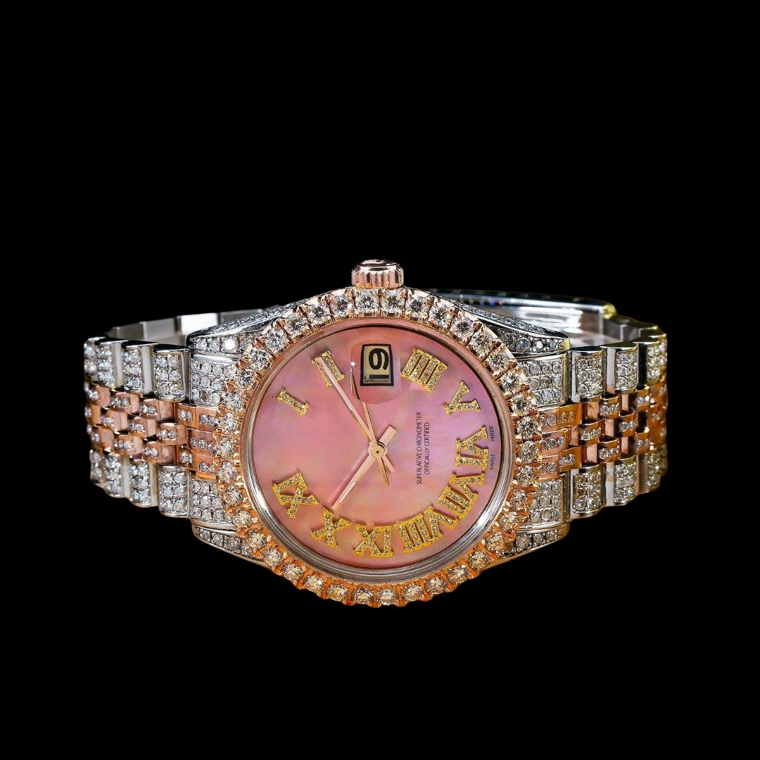 Rolex Datejust Pink Roman Diamond Dial Two Tone Iced Out Jubilee Bracelet Rose Gold Moissanite Watch Close Up Front View