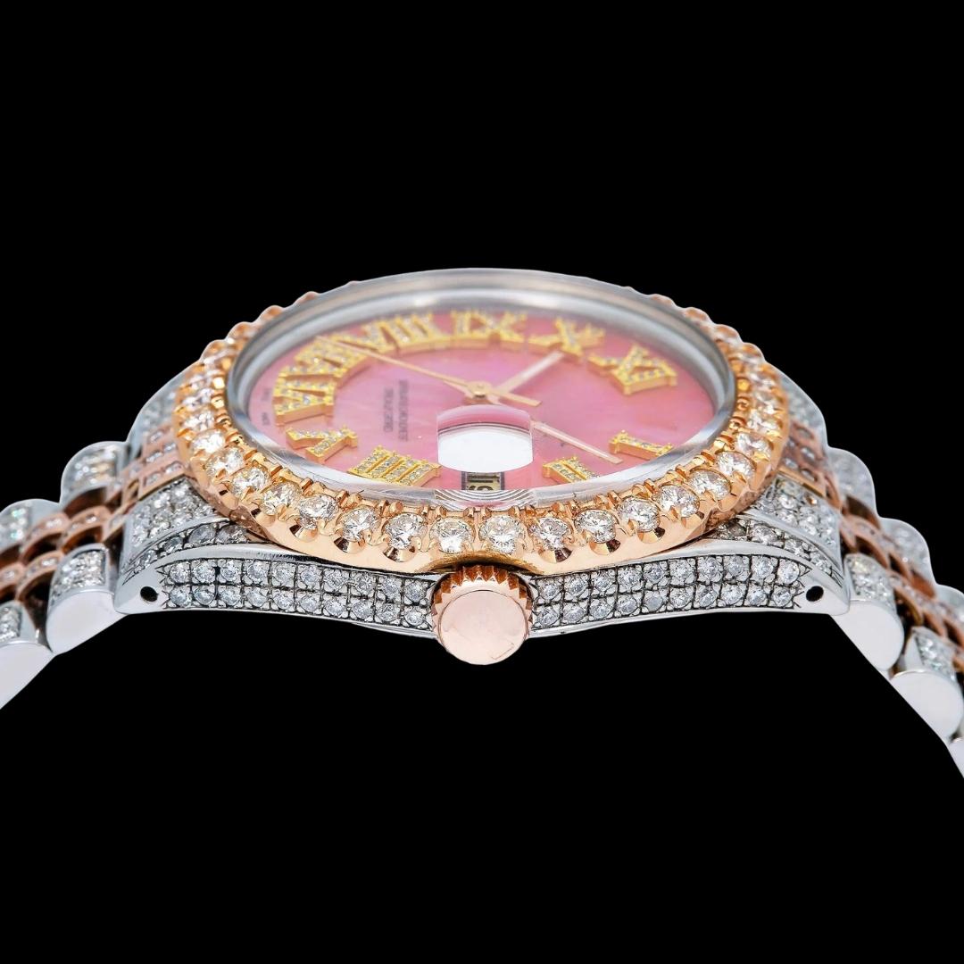 Rolex Datejust Pink Roman Diamond Dial Two Tone Iced Out Jubilee Bracelet Rose Gold Moissanite Watch Crown View
