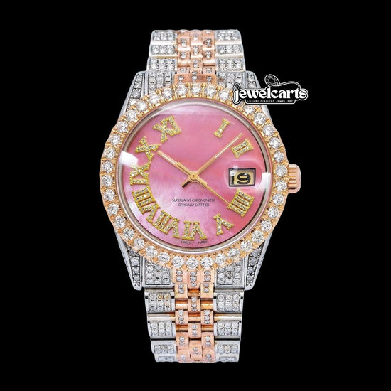 Rolex Datejust Pink Roman Diamond Dial Two Tone Iced Out Jubilee Bracelet Rose Gold Moissanite Watch Front View