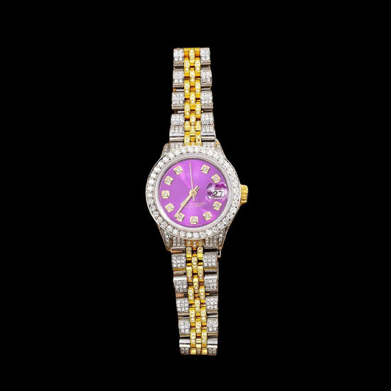 Rolex Datejust Purple Dial Diamond Markers Two Tone Iced Out Jubilee Bracelet Moissanite Watch For Women Close Up Front View