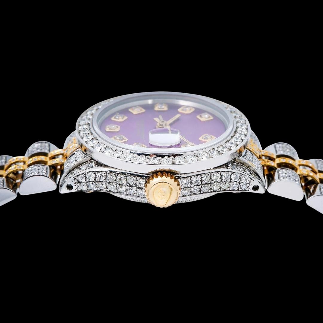 Rolex Datejust Purple Dial Diamond Markers Two Tone Iced Out Jubilee Bracelet Moissanite Watch For Women Crown View