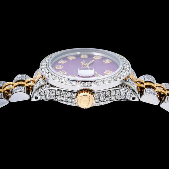 Rolex Datejust Purple Dial Diamond Markers Two Tone Iced Out Jubilee Bracelet Moissanite Watch For Women Crown View