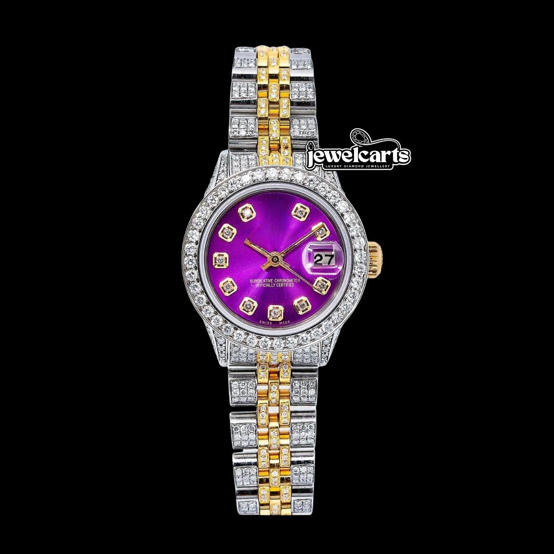 Rolex Datejust Purple Dial Diamond Markers Two Tone Iced Out Jubilee Bracelet Moissanite Watch For Women Front View