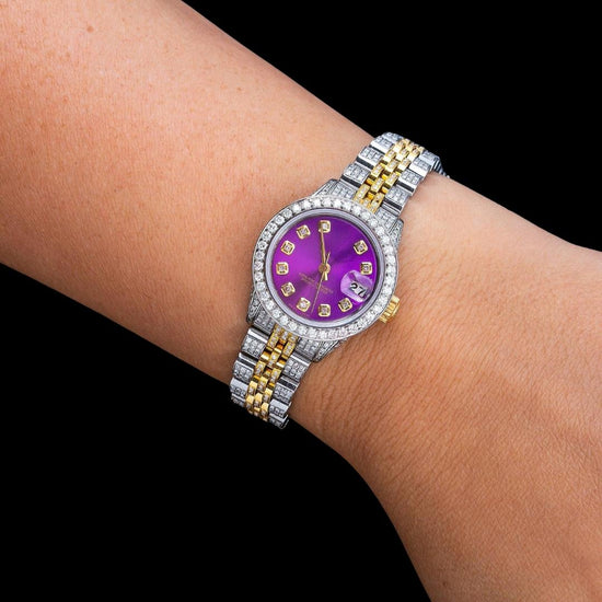 Rolex Datejust Purple Dial Diamond Markers Two Tone Iced Out Jubilee Bracelet Moissanite Watch For Women On Wrist View