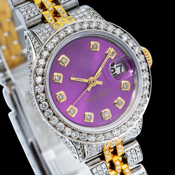 Rolex Datejust Purple Dial Diamond Markers Two Tone Jubilee Bracelet Full Iced Out Moissanite Watch Close Up Dial View