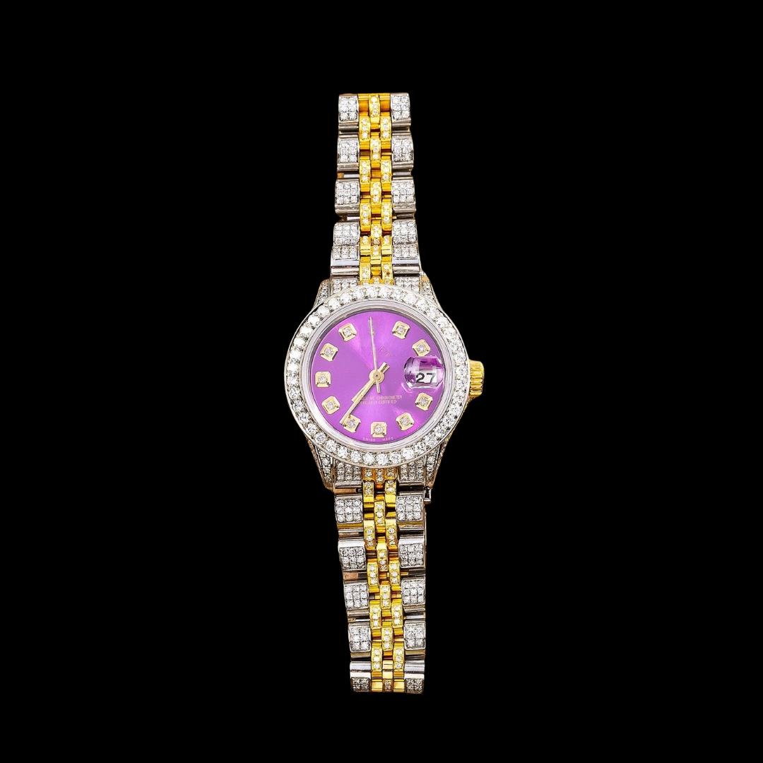 Rolex Datejust Purple Dial Diamond Markers Two Tone Jubilee Bracelet Full Iced Out Moissanite Watch Close Up Front View