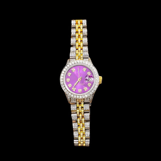 Rolex Datejust Purple Dial Diamond Markers Two Tone Jubilee Bracelet Full Iced Out Moissanite Watch Close Up Front View