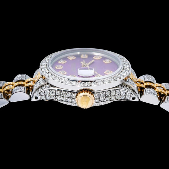 Rolex Datejust Purple Dial Diamond Markers Two Tone Jubilee Bracelet Full Iced Out Moissanite Watch Crown View