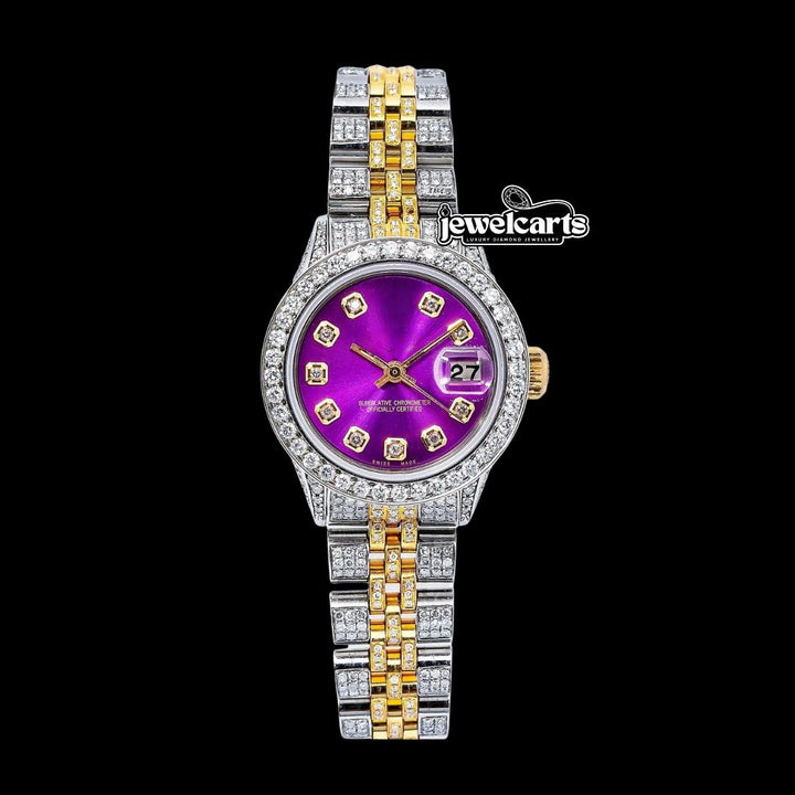 Rolex Datejust Purple Dial Diamond Markers Two Tone Jubilee Bracelet Full Iced Out Moissanite Watch Front View