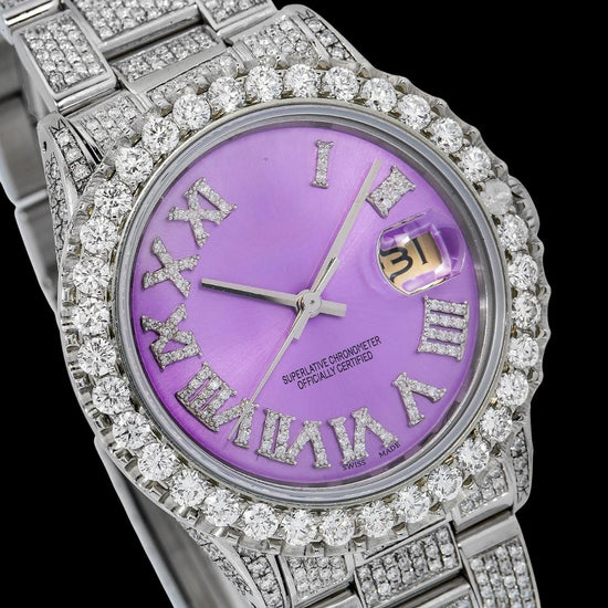 Rolex Datejust Purple Dial Diamond Roman Numerals Fully Iced Out Oyster Bracelet Moissanite Watch Close Up Dial View