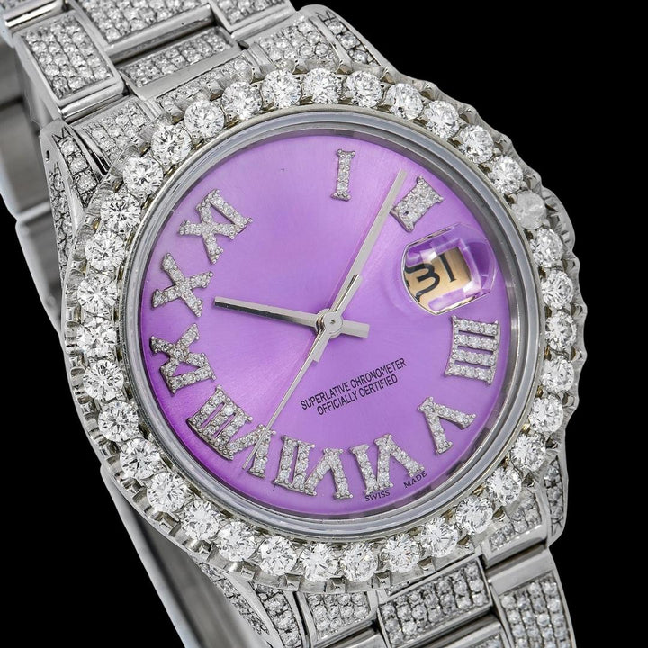 Rolex Datejust Purple Dial Diamond Roman Numerals Fully Iced Out Oyster Bracelet Moissanite Watch Close Up Dial View