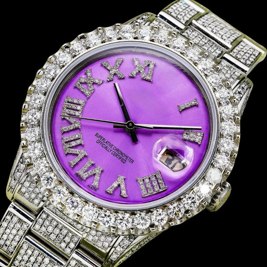 Rolex Datejust Purple Dial Diamond Roman Numerals Fully Iced Out Oyster Bracelet Moissanite Watch Close Up Front View
