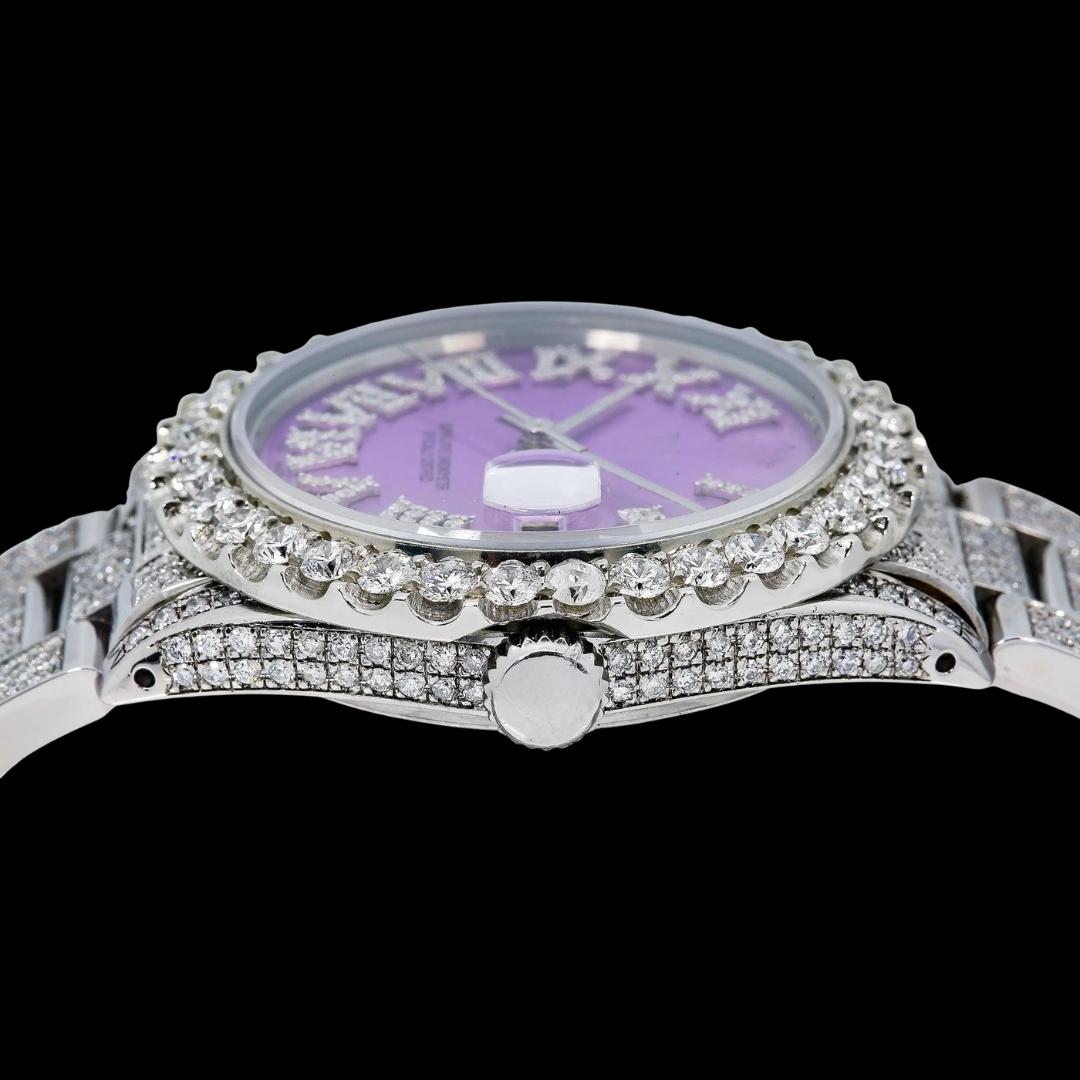 Rolex Datejust Purple Dial Diamond Roman Numerals Fully Iced Out Oyster Bracelet Moissanite Watch Crown View