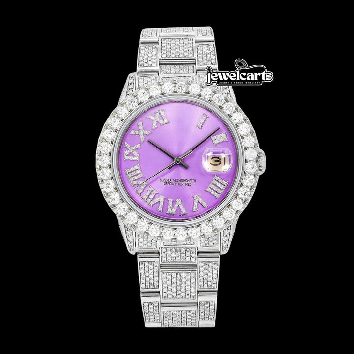 Rolex Datejust Purple Dial Diamond Roman Numerals Fully Iced Out Oyster Bracelet Moissanite Watch Front View