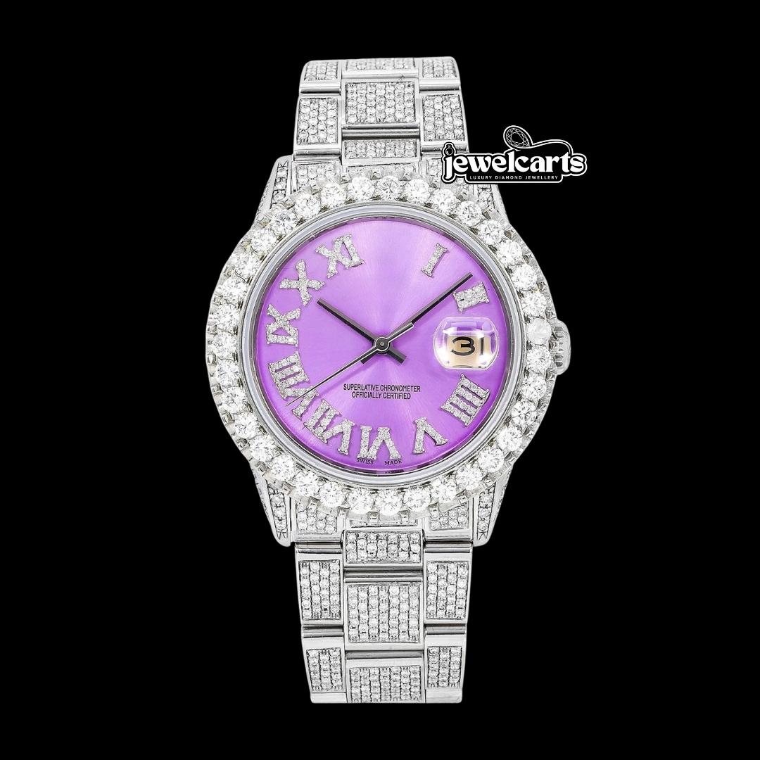 Rolex Datejust Purple Dial Diamond Roman Numerals Fully Iced Out Oyster Bracelet Moissanite Watch Front View
