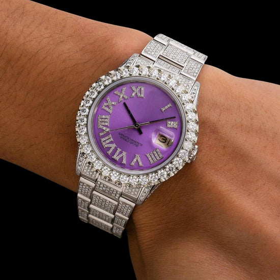Rolex Datejust Purple Dial Diamond Roman Numerals Fully Iced Out Oyster Bracelet Moissanite Watch On Wrist View