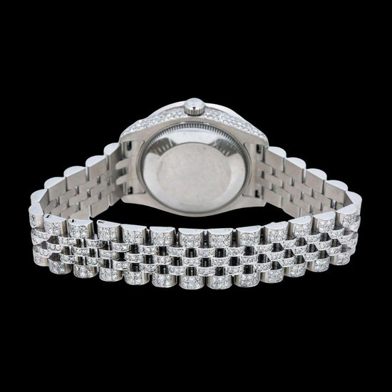 Rolex Datejust Rainbow Arabic Numerals Dial Fully Iced Out Jubilee Bracelet Moissanite Watch Caseback View