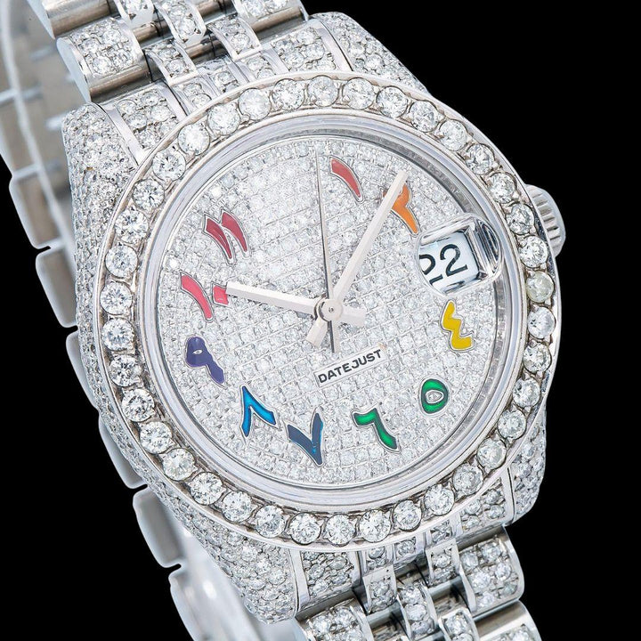 Rolex Datejust Rainbow Arabic Numerals Dial Fully Iced Out Jubilee Bracelet Moissanite Watch Close Up Dial View