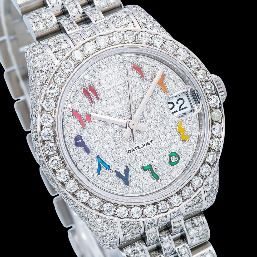 Rolex Datejust Rainbow Arabic Numerals Dial Fully Iced Out Jubilee Bracelet Moissanite Watch Close Up Dial View