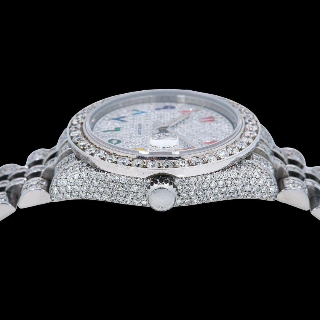 Rolex Datejust Rainbow Arabic Numerals Dial Fully Iced Out Jubilee Bracelet Moissanite Watch Crown View