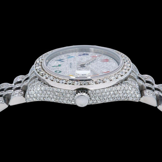 Rolex Datejust Rainbow Arabic Numerals Dial Fully Iced Out Jubilee Bracelet Moissanite Watch Crown View