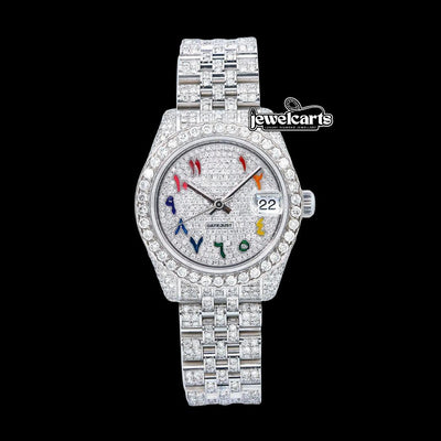 Rolex Datejust Rainbow Arabic Numerals Dial Fully Iced Out Jubilee Bracelet Moissanite Watch