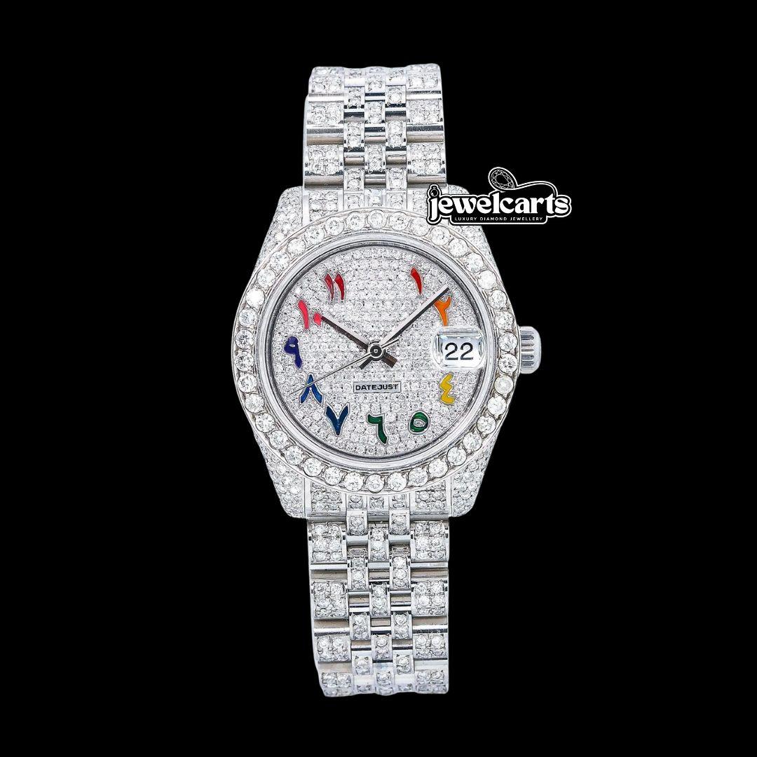 Rolex Datejust Rainbow Arabic Numerals Dial Fully Iced Out Jubilee Bracelet Moissanite Watch Front View