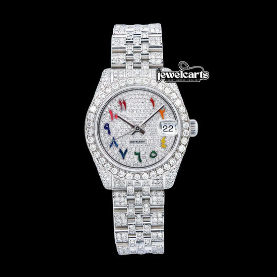 Rolex Datejust Rainbow Arabic Numerals Dial Fully Iced Out Jubilee Bracelet Moissanite Watch Front View