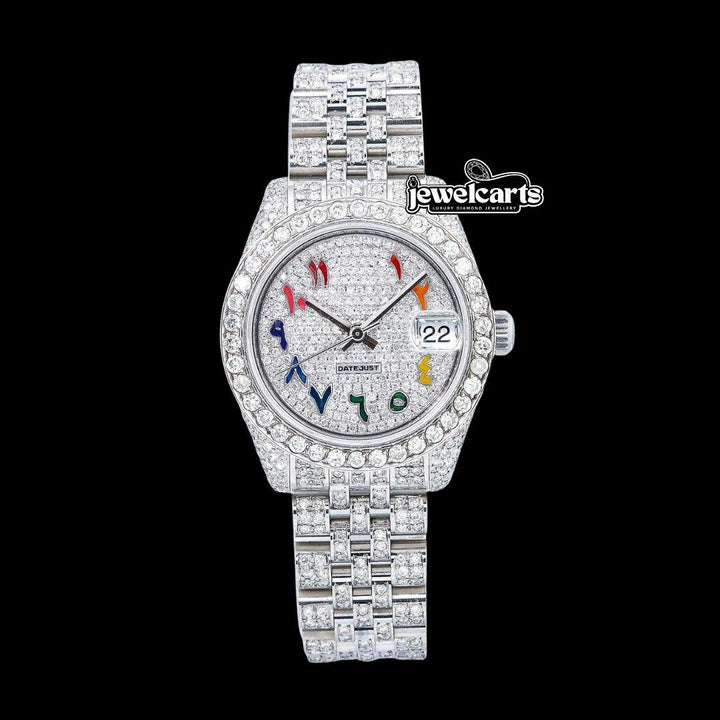 Rolex Datejust Rainbow Arabic Numerals Dial Fully Iced Out Jubilee Bracelet Moissanite Watch Front View