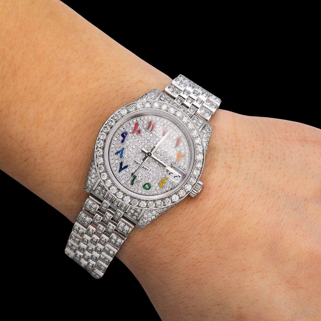 Rolex Datejust Rainbow Arabic Numerals Dial Fully Iced Out Jubilee Bracelet Moissanite Watch On Wrist View