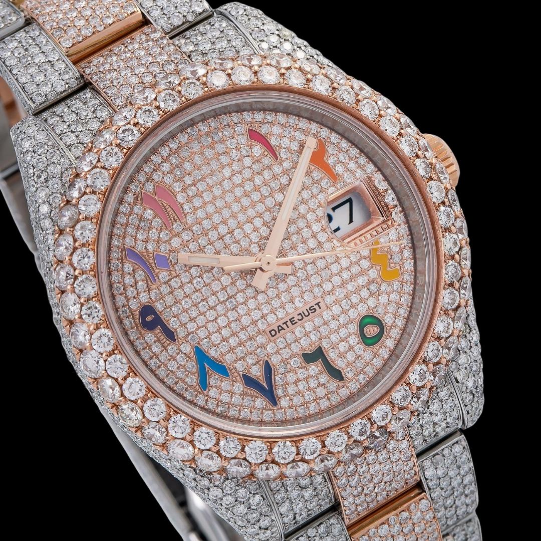 Rolex Datejust Rainbow Arabic Numerals Diamond Dial Two Tone Rose Gold Oyster Bracelet Moissanite Watch Close Up Dial View