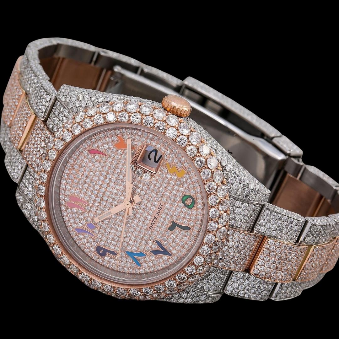 Rolex Datejust Rainbow Arabic Numerals Diamond Dial Two Tone Rose Gold Oyster Bracelet Moissanite Watch Close Up Front View