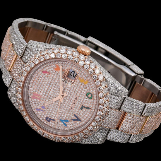 Rolex Datejust Rainbow Arabic Numerals Diamond Dial Two Tone Rose Gold Oyster Bracelet Moissanite Watch Close Up Front View