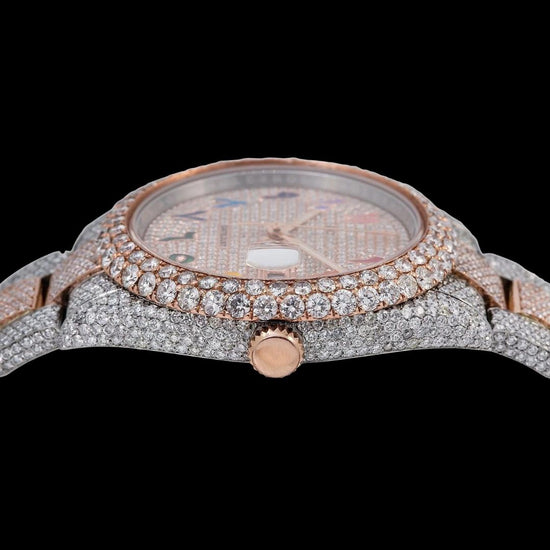 Rolex Datejust Rainbow Arabic Numerals Diamond Dial Two Tone Rose Gold Oyster Bracelet Moissanite Watch Crown View