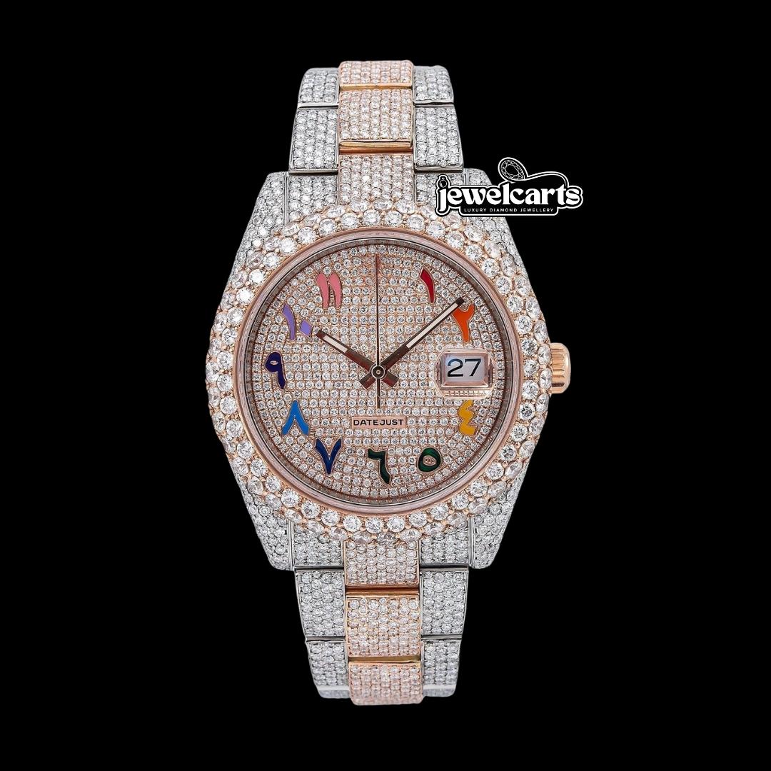 Rolex Datejust Rainbow Arabic Numerals Diamond Dial Two Tone Rose Gold Oyster Bracelet Moissanite Watch Front View