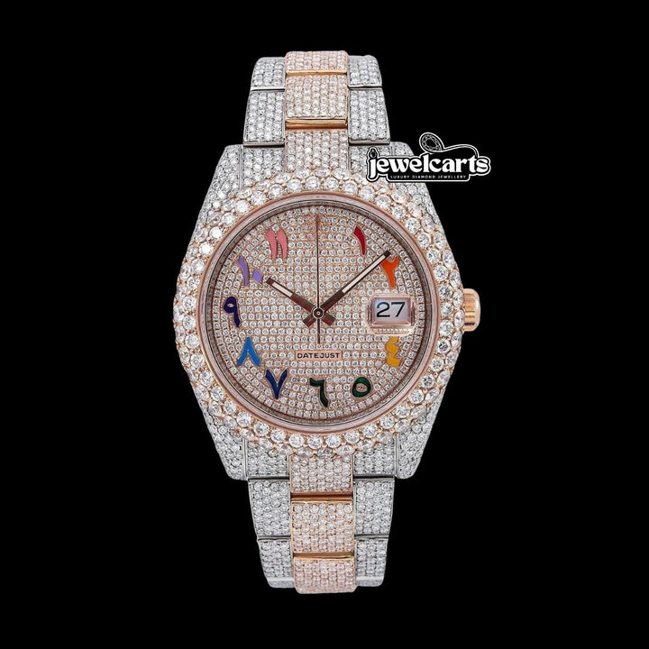 Rolex Datejust Rainbow Arabic Numerals Diamond Dial Two Tone Rose Gold Oyster Bracelet Moissanite Watch Front View