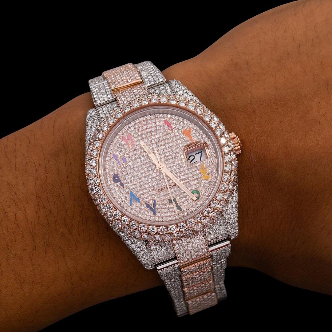 Rolex Datejust Rainbow Arabic Numerals Diamond Dial Two Tone Rose Gold Oyster Bracelet Moissanite Watch On Wrist View