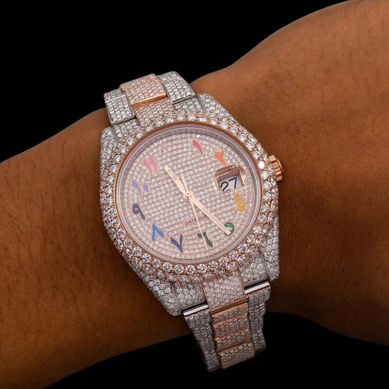 Rolex Datejust Rainbow Arabic Numerals Diamond Dial Two Tone Rose Gold Oyster Bracelet Moissanite Watch On Wrist View