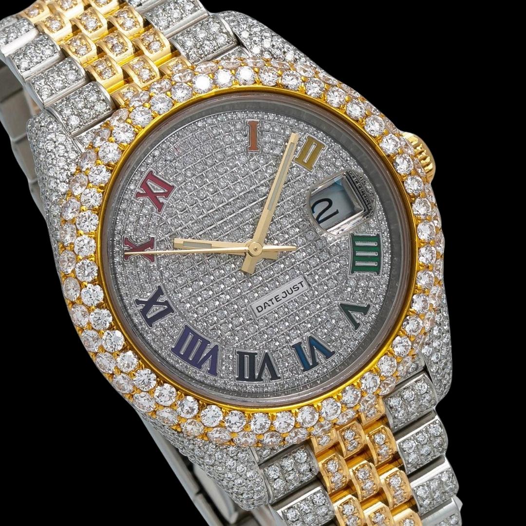 Rolex Datejust Rainbow Roman Numerals Dial Diamond Bezel Two Tone Iced Out Jubilee Strap Moissanite Watch Close Up Dial View