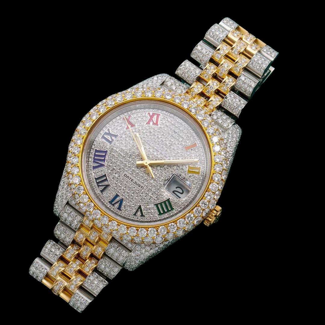 Rolex Datejust Rainbow Roman Numerals Dial Diamond Bezel Two Tone Iced Out Jubilee Strap Moissanite Watch Close Up Front View