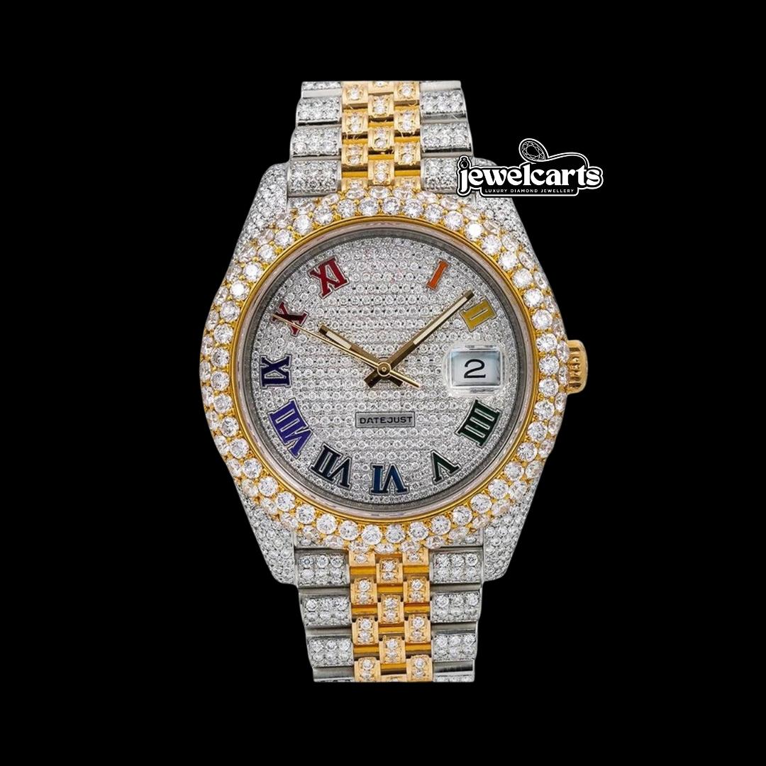 Rolex Datejust Rainbow Roman Numerals Dial Diamond Bezel Two Tone Iced Out Jubilee Strap Moissanite Watch Front View
