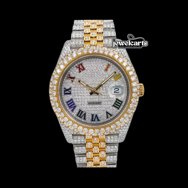 Rolex Datejust Rainbow Roman Numerals Dial Diamond Bezel Two Tone Iced Out Jubilee Strap Moissanite Watch Front View